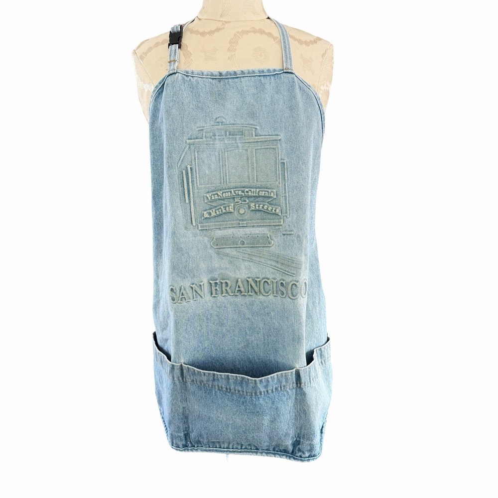 Vintage 90's San Francisco‎ Cable Car Embossed Denim Apron USA Cooking BBQ Chef